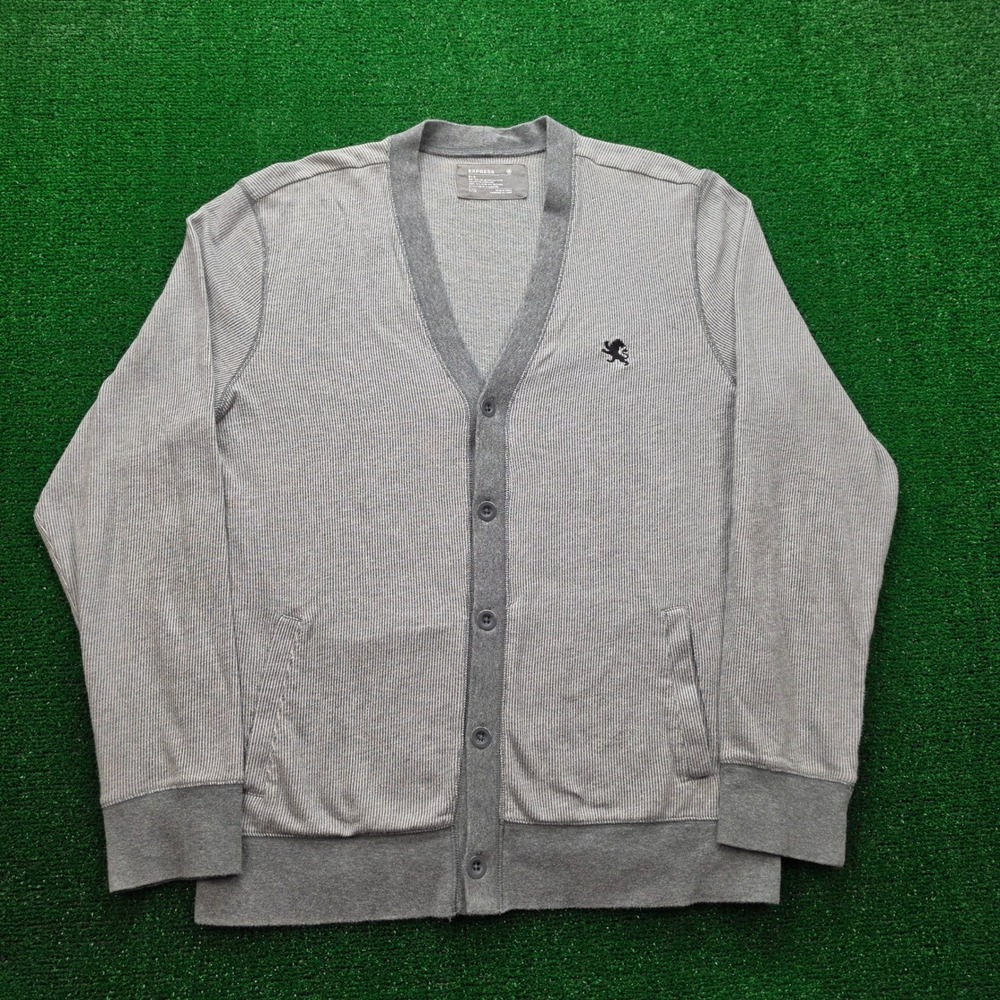 Express‎ Lion Logo Ribbed Knit Cardigan Sweater Mens Large Gray Preppy Casual